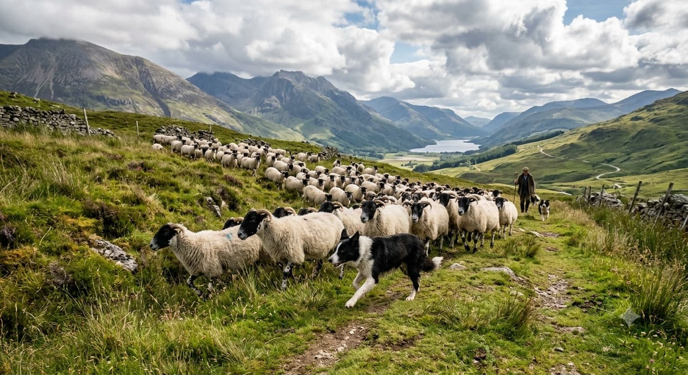 istorija-border-collie Border koli čuva stado ovaca na pašnjaku negde u Škotskoj