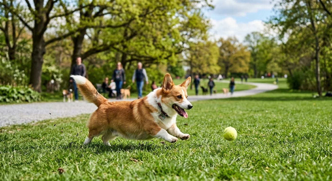 korgi-obuka Pembroke Welsh Corgi trči u parku za lopticom