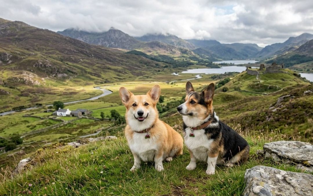 Pembroke Welsh Corgi – Dva Korgija u sedećem stavu negde na predivnom Velškom pejzažu